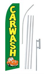 Car Wash Green & Yellow Swooper/Feather Flag + Pole + Ground Spike