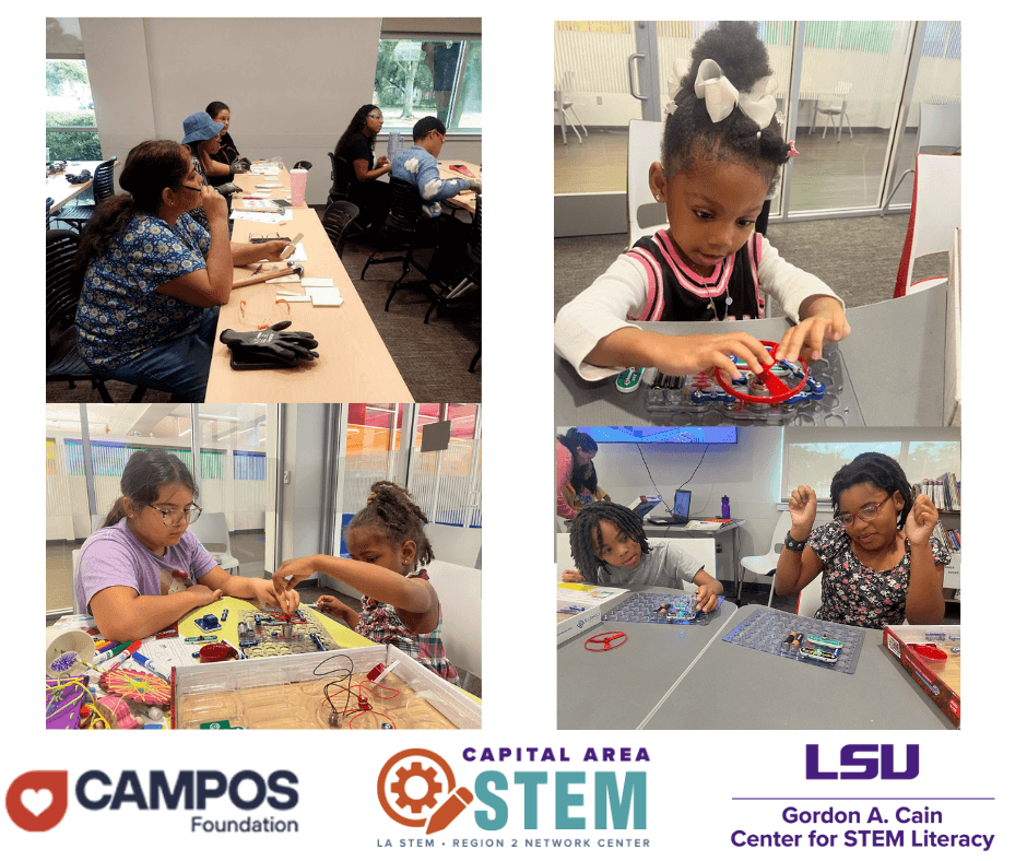 Photos of participants for Spark Your Summer 2024 in a collage with the Capital Area STEM, LSU Gordon A. Cain Center, and Campos logos.