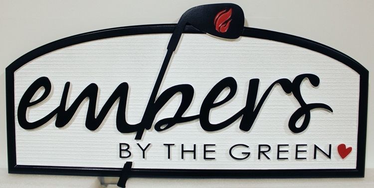 Q25712- Carved and Sandblasted HDU  Sign for "Embers by the Green" Restaurant, with Golf Club as Artwork