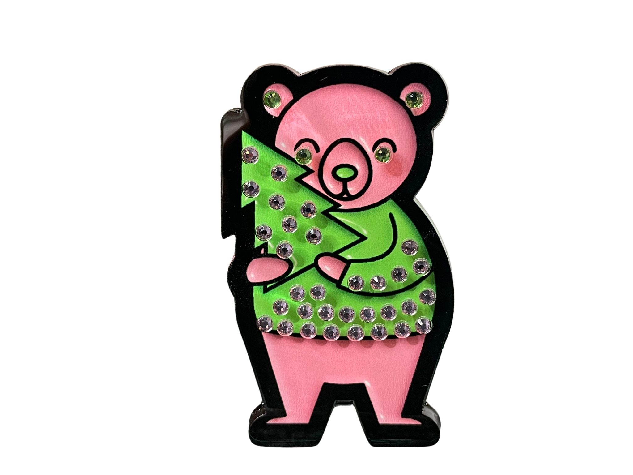 Rhinestone Pink Bear with Holiday Tree Acrylic Pin