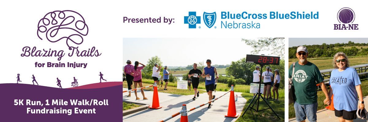 Blazing Trails for Brain Injury 5K Run, 1 Mile Walk/Roll Fundraising Event presented by Blue Cross and Blue Shield of Nebraska. Photo collage of 2023 attendees completed the 5K Run (left) and 1 Mile Walk (right). 