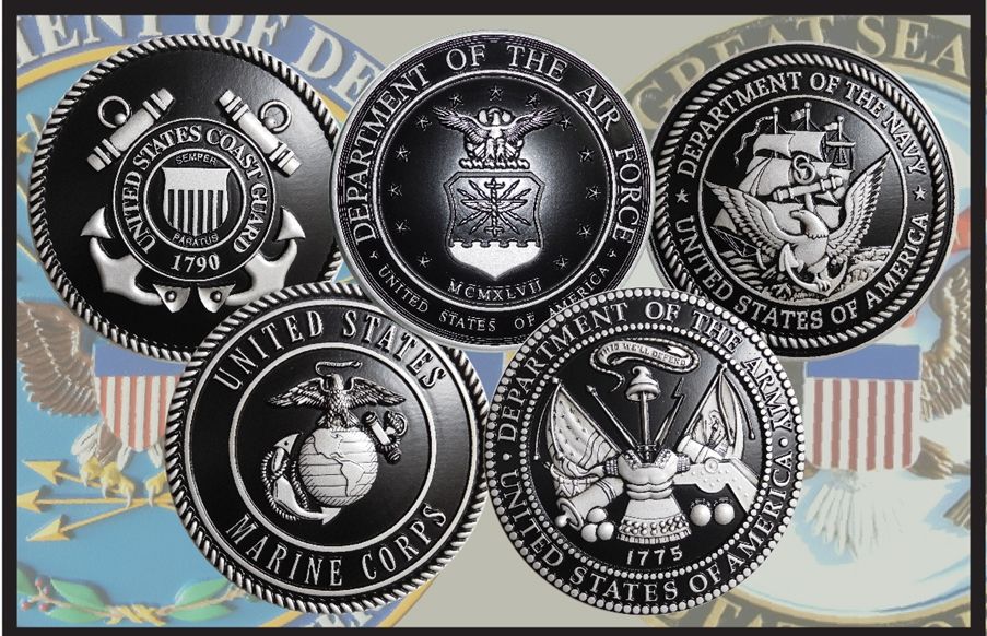 IP-1163 - Set of Carved Plaques of the Seals of Five Armed Forces, Hand-rubbed Black Paint over Metallic Silver