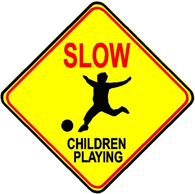 H17212 -  Carved HDU "SLOW- Children Playing " Sign, with Child Kicking Soccer Ball as Artwork