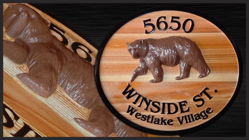 M22854 - Carved Cedar Wood Address Sign with 3-D Carved Bear for Westlake Village 