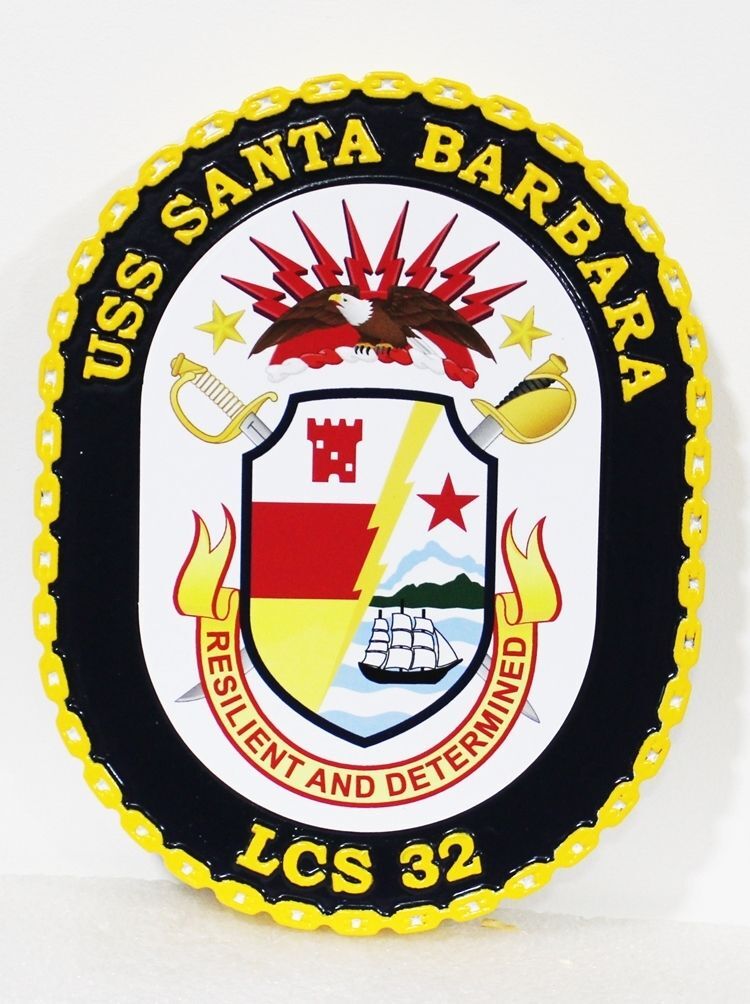 JP-1311- Carved High-Density-Urethane Plaque of the Crest of the USS Santa Barbara, a Littoral Combat Ship (LCS32)