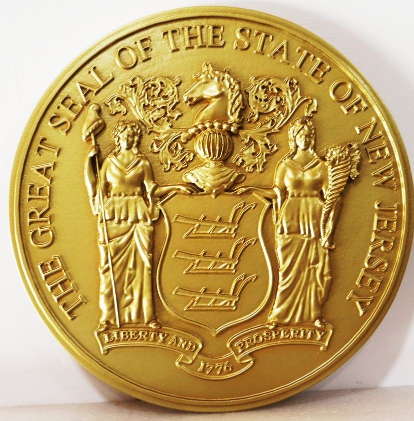 BP-1355 - Carved Plaque of the Seal of the State of New Jersey, Metallic Gold Painted