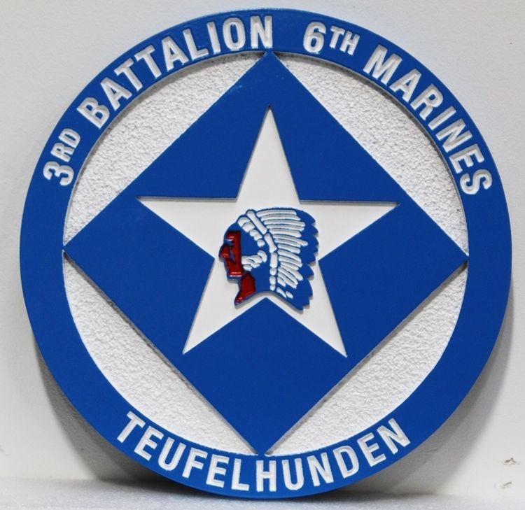 KP-2048 - Carved  2.5-D Multi-level Raised Relief HDU Plaque of the Crest of the 3rd Battalion, 6th  Marines  , "Teufelhunden" (Devil Dogs) 