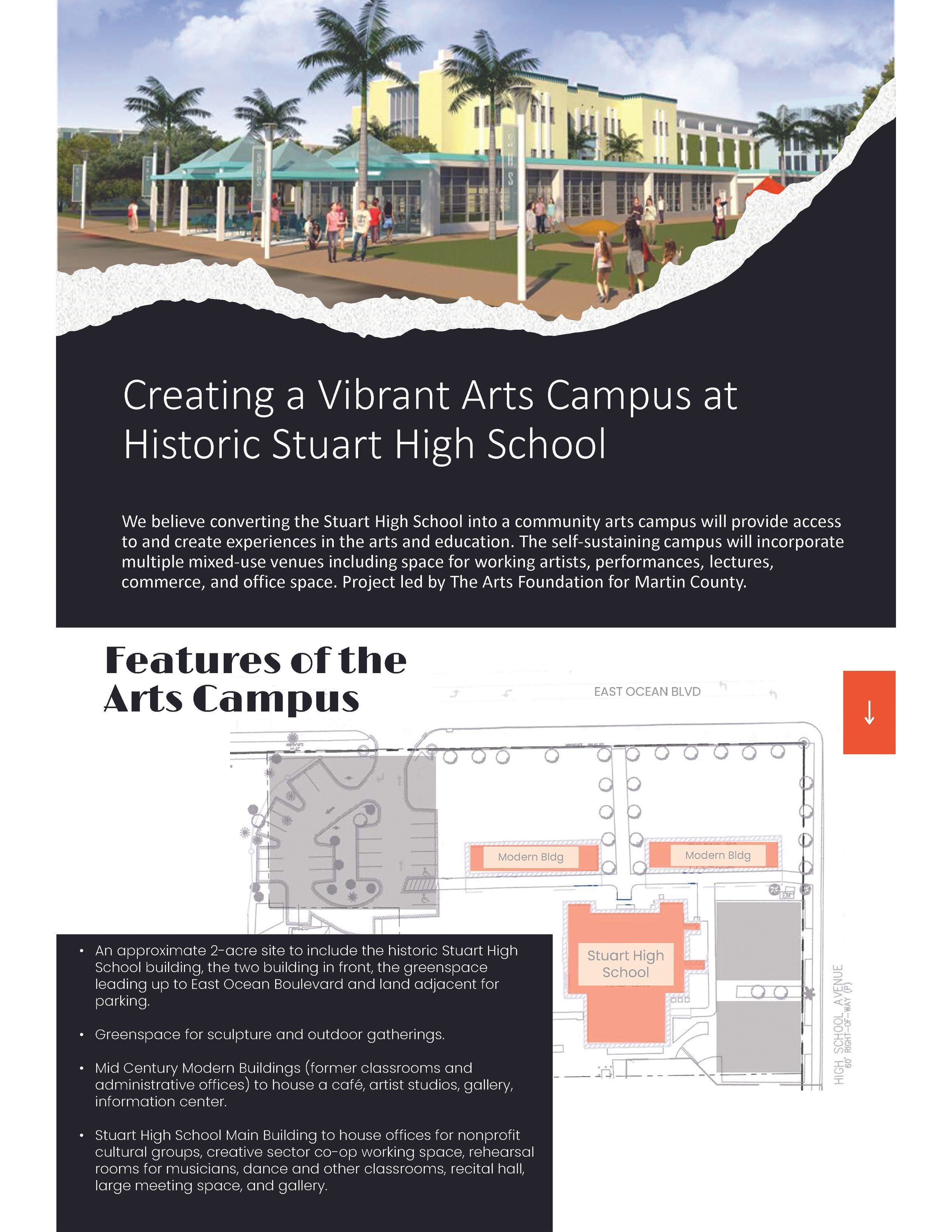 conceptual aerial view of the Stuart High School arts campus