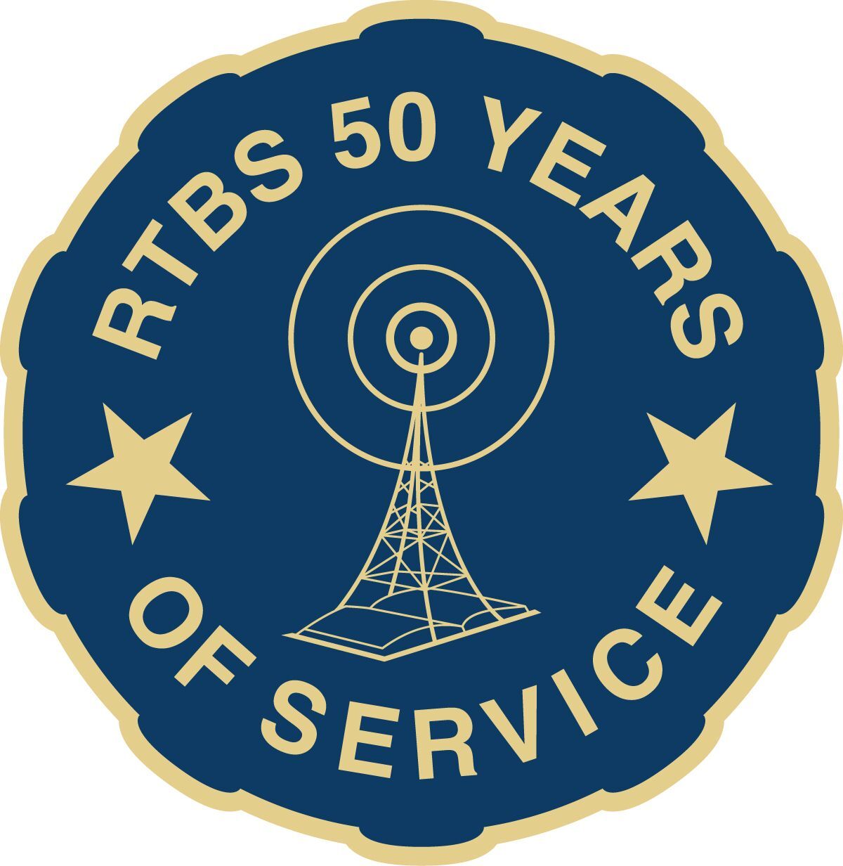 blue circle outlined in gold with a gold radio tower encircled by text "RTBS 50 Years of Service"