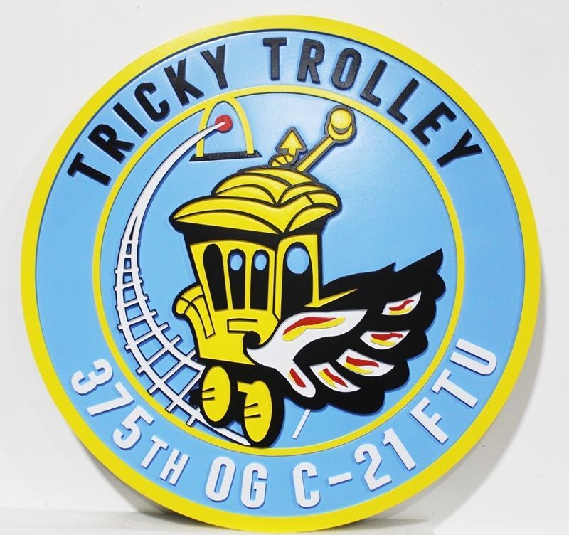 LP-7595 - Carved 2.5-D Multi-Level Plaque of the Crest of the 375th OG C-21 FTU, with Motto "Trickey Trolley"