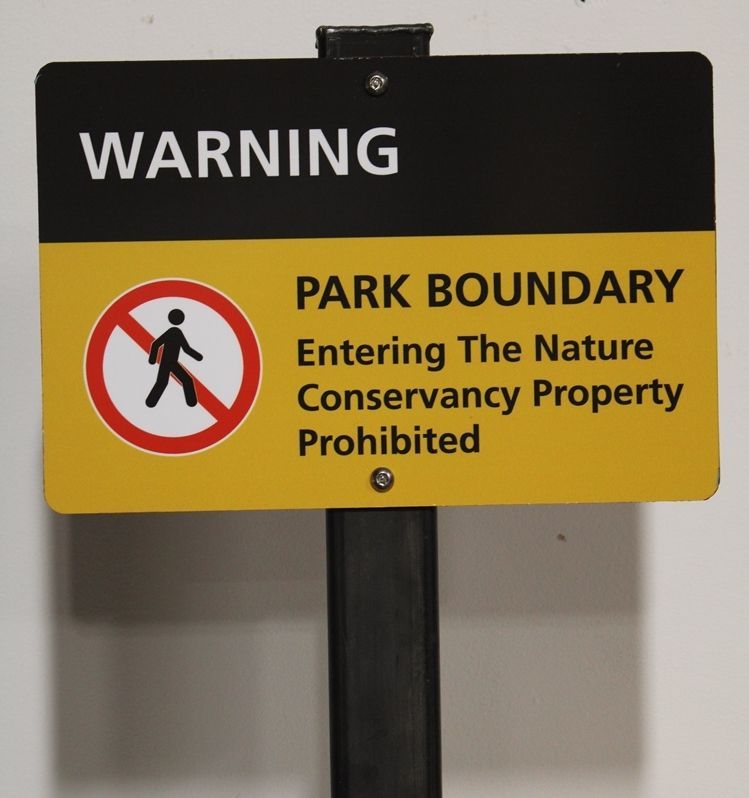 G16374 - Direct Printed Aluminum "Warning-Park Boundary" Sign and Weathering Steel Post