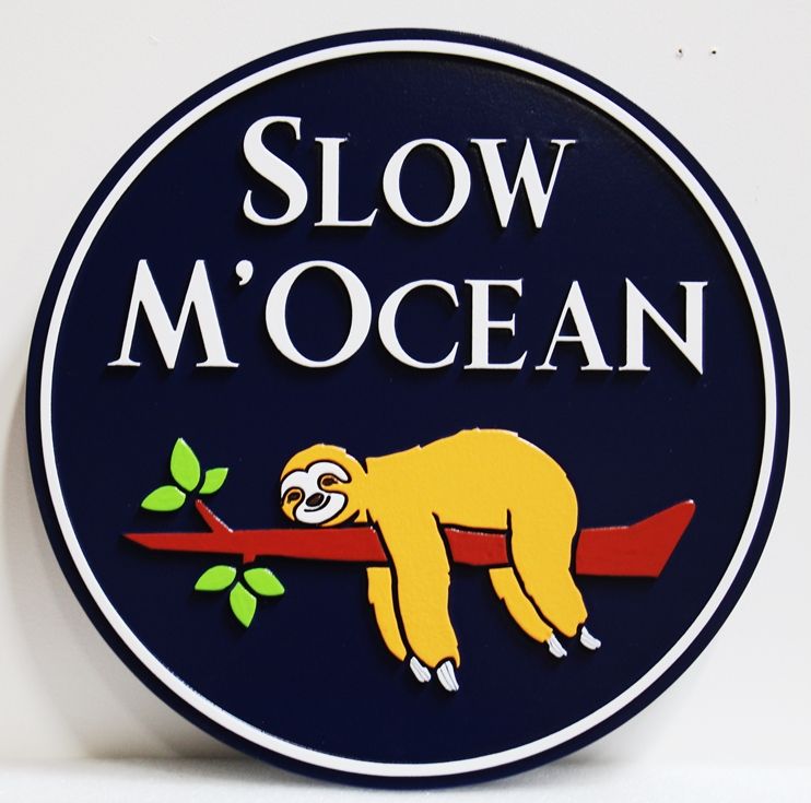 L21944 –  Carved HDU  Coastal Residence Sign, "Slow M'Ocean" , with Sloth on a Tree Limb as Artwork