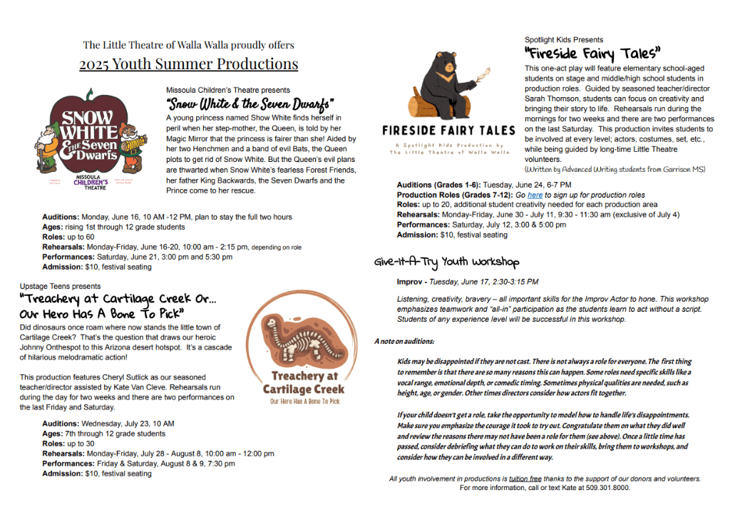 Little Theatre of Walla Walla Summer Activities downloadable pdf
