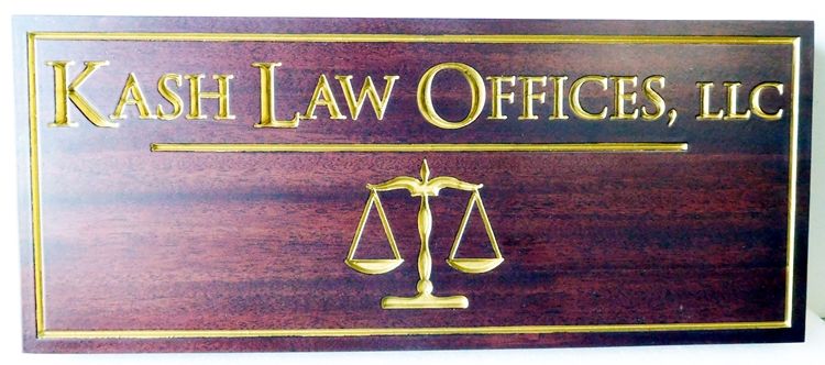 A10013 - Carved, Polished, Mahogany Sign for Law Offices, LLC with V-Carved, 24-K Gold Gilt Text and Scales Of Justice