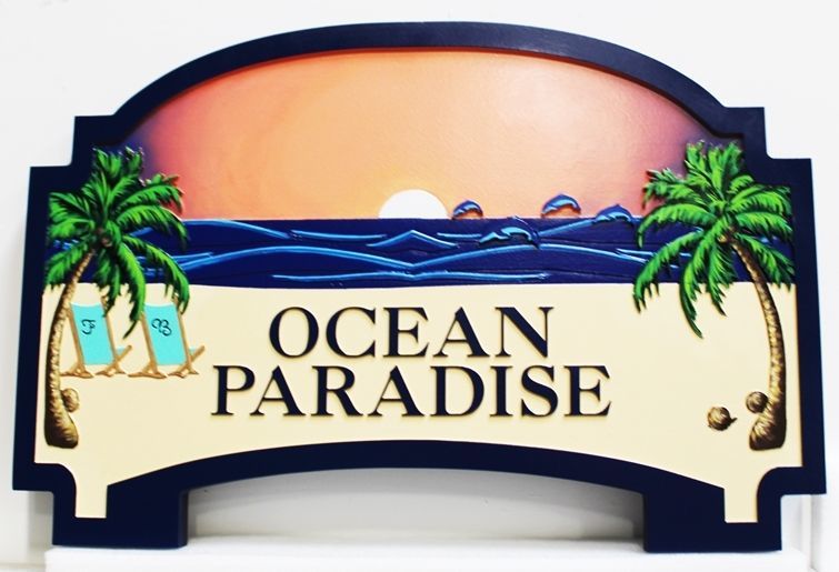 L21004-  Carved 2.5-D Raised Relief High-Density-Urethane (HDU) Beach House Sign, "Ocean Paradise”, with Two Empty  Chairs on a  Beach , the Ocean, and Palm Trees 
