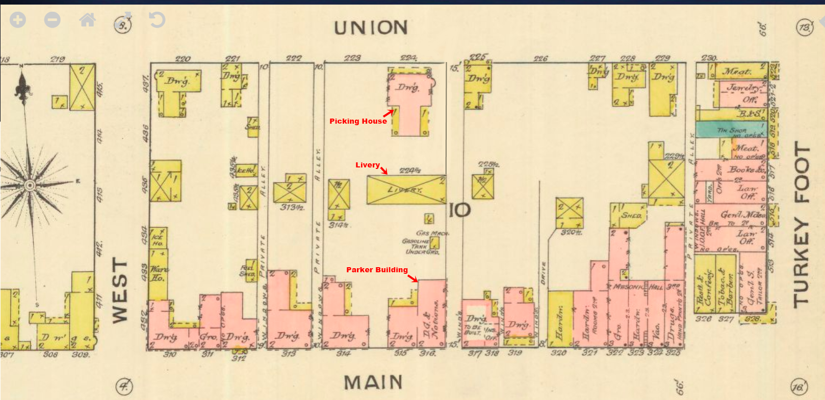 Birdseye map view with artists renderings of the location of buildings