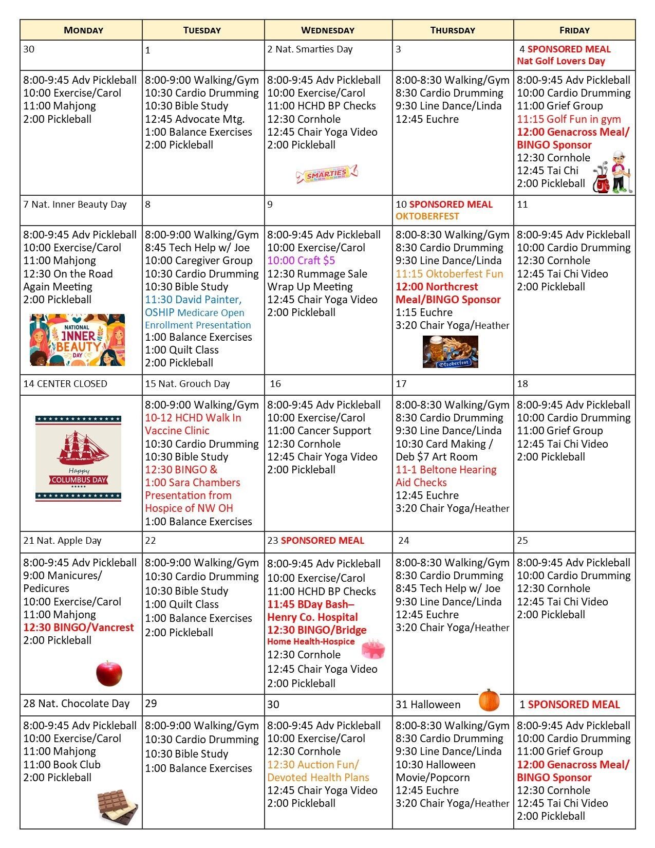 Monthly Schedule of Events at the Henry County Senior Center in Napoleon, Ohio