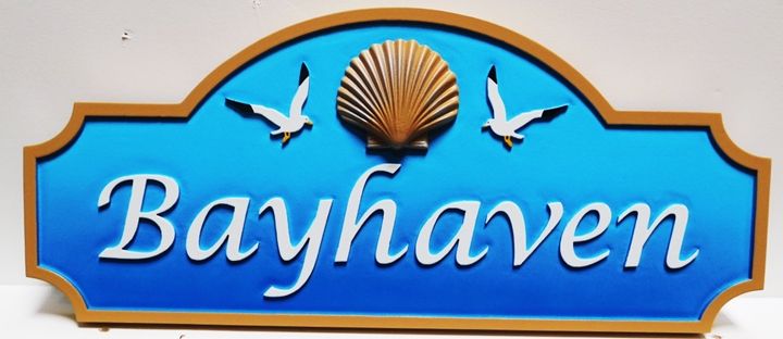 L21542 - Design for Name Sign "Bayhaven"  with 3D Carved Shell and Seagulls 