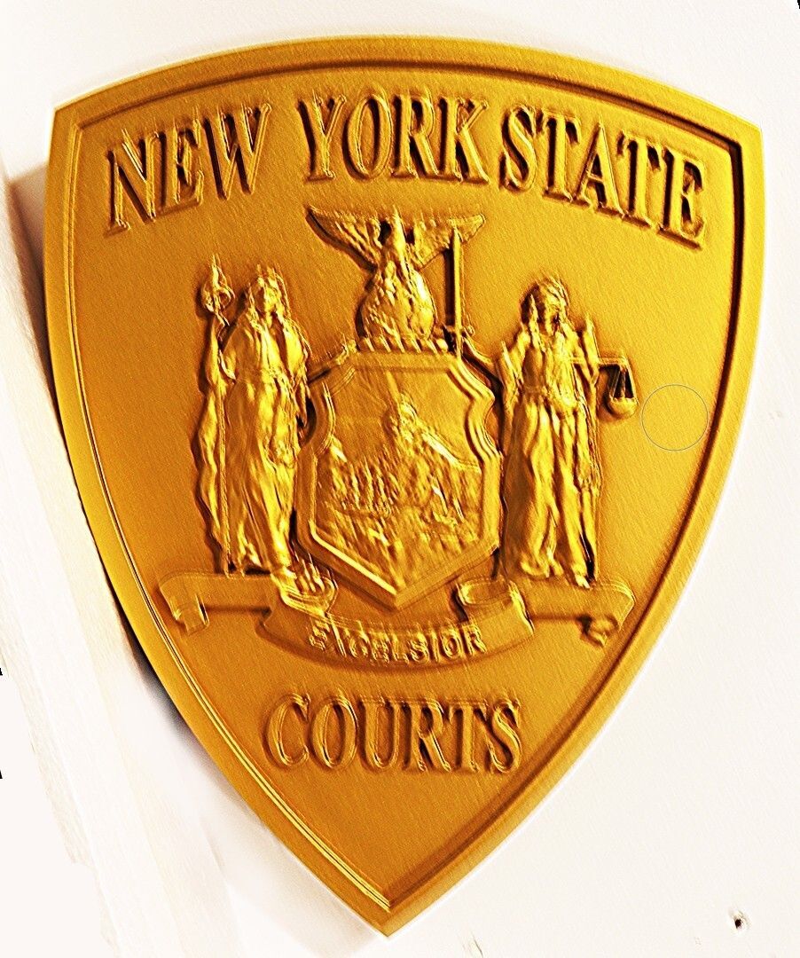 GP-1282- Carved 3-D Bas-Relief Shield Plaque of the  Seal of  the Unified Court System of the State of New York, Painted Bright Gold