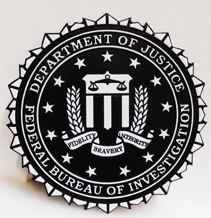 AP-2414 - Carved Plaque of the Seal of the Federal Bureau of Investigation (FBI), 2.5-D Painted Black & White