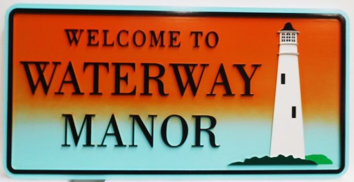 L21431 - Carved HDU Coastal Residence  Name Sign "Waterway Manor", 2.5-D Artist-Painted with Lighthouse as Artwork