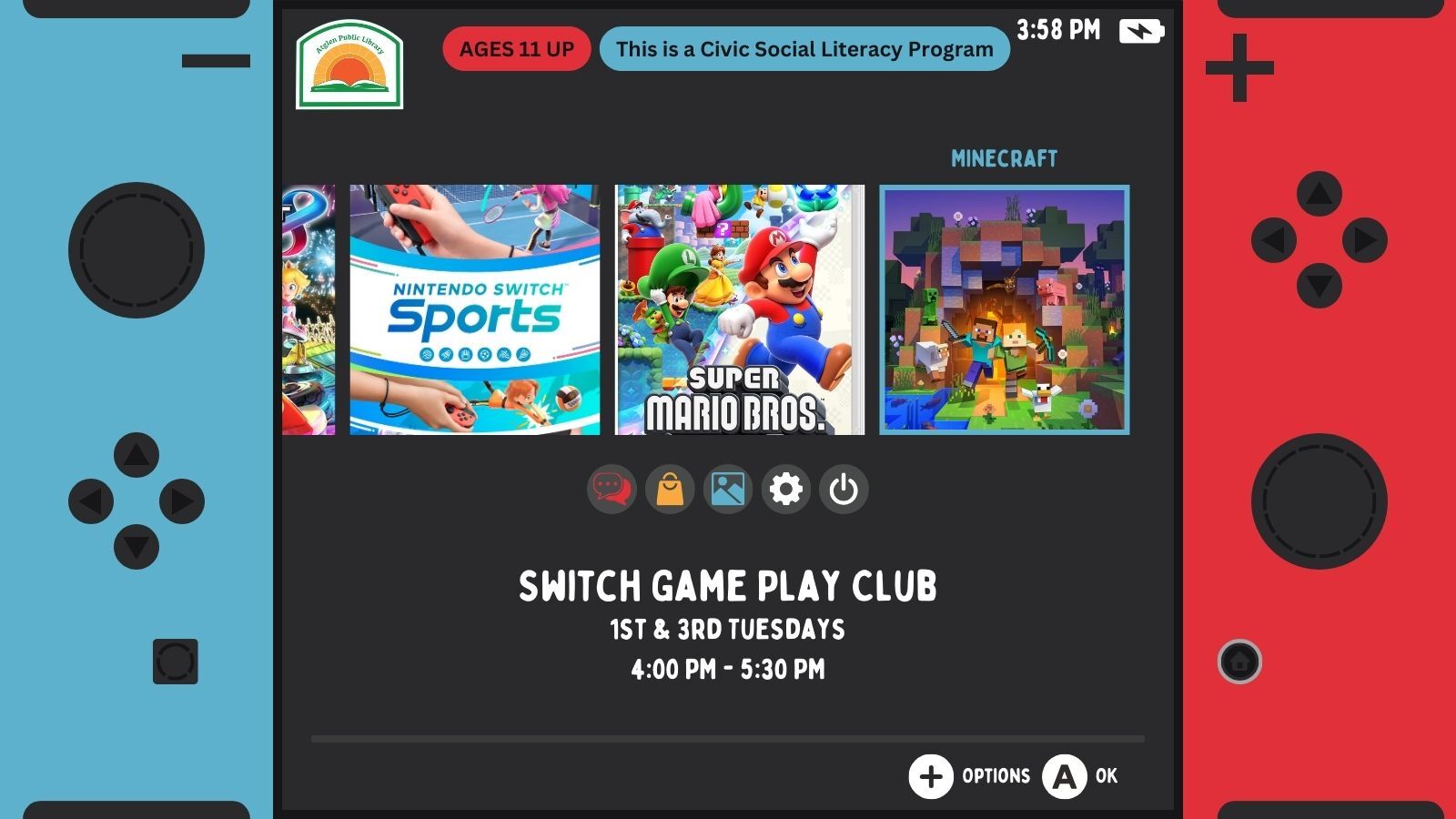 Switch Game Play Club for ages 11+ meets on the first and third Tuesdays 4:00-5:30pm