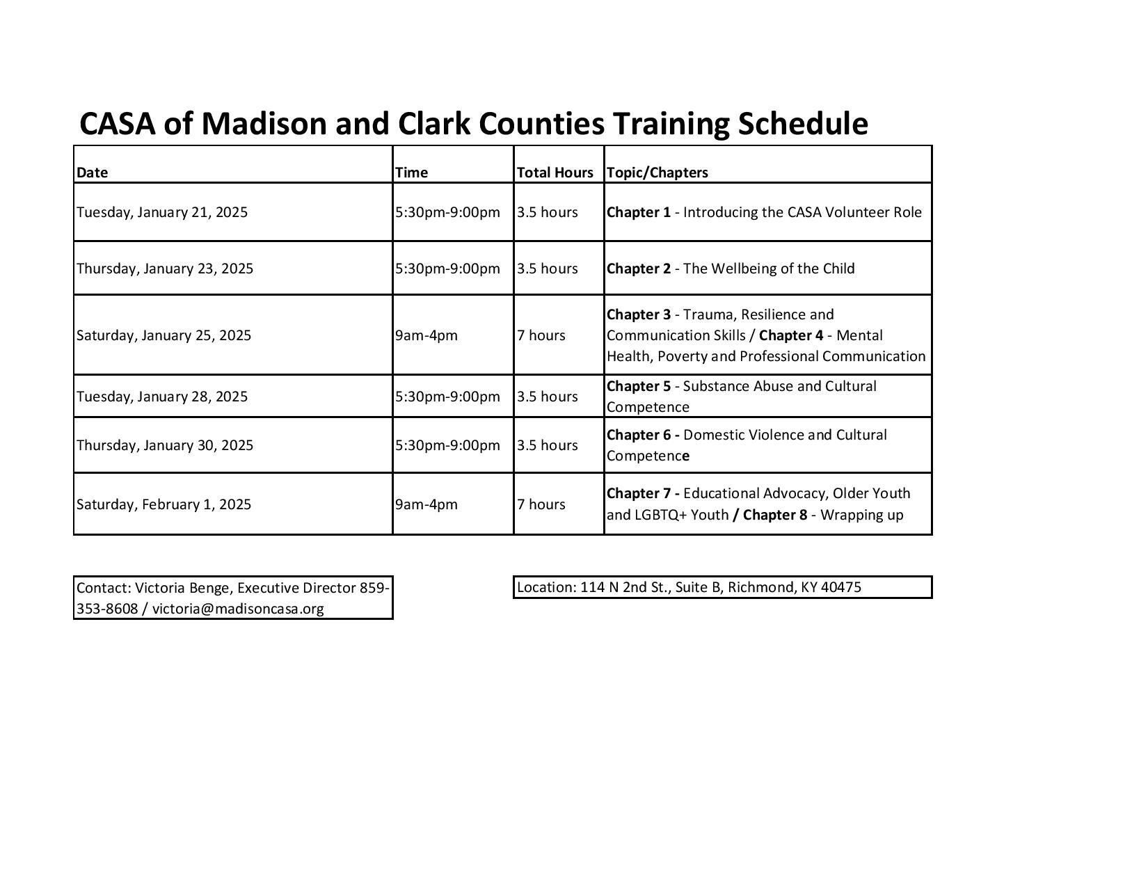 January 2025 Schedule