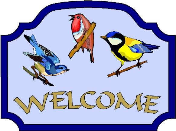 GA16715- Design of Carved Wood or HDU Welcome Sign with Colorful, Cheerful, Singing Birds