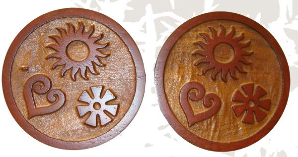 N23214 -  Carved and Sandblasted 3-D Round African Mahogany Wall Plaque, with Stylized Raised Artwork