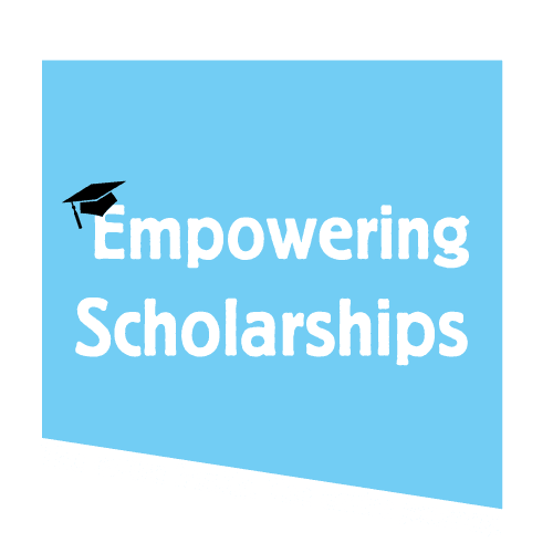 Offset blue square with words "Empowering Scholarships" with graduation cap placed on "E" 