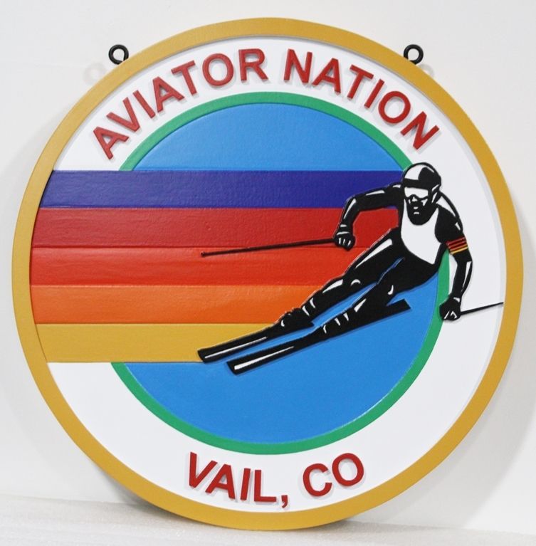 M222340 - Carved 2.5-D Multi-level  Relief HDU Business  Sign featuring a Skiier, for Aviator Nation of Vail, Colorado 