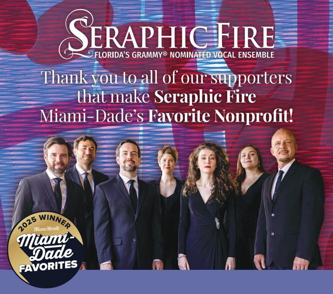 Seraphic Fire artists are pictures in front of a blue and purple background with text announcing that the organization has been voted Miami-Dade County's favorite nonprofit.