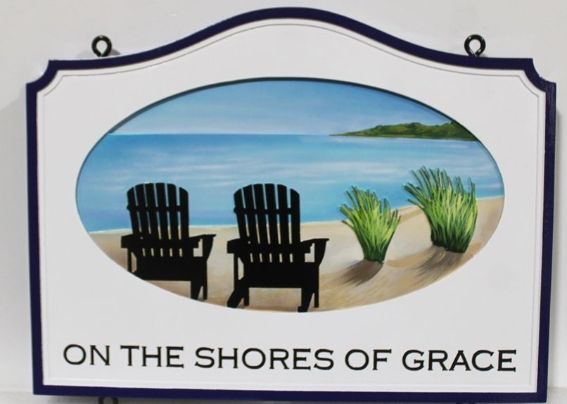 L21011 - Carved 2.5-D Multi-level Relief Name Sign "On the Shores of Grace" , with Two Beach Chairs and a View of an Ocean  Bay