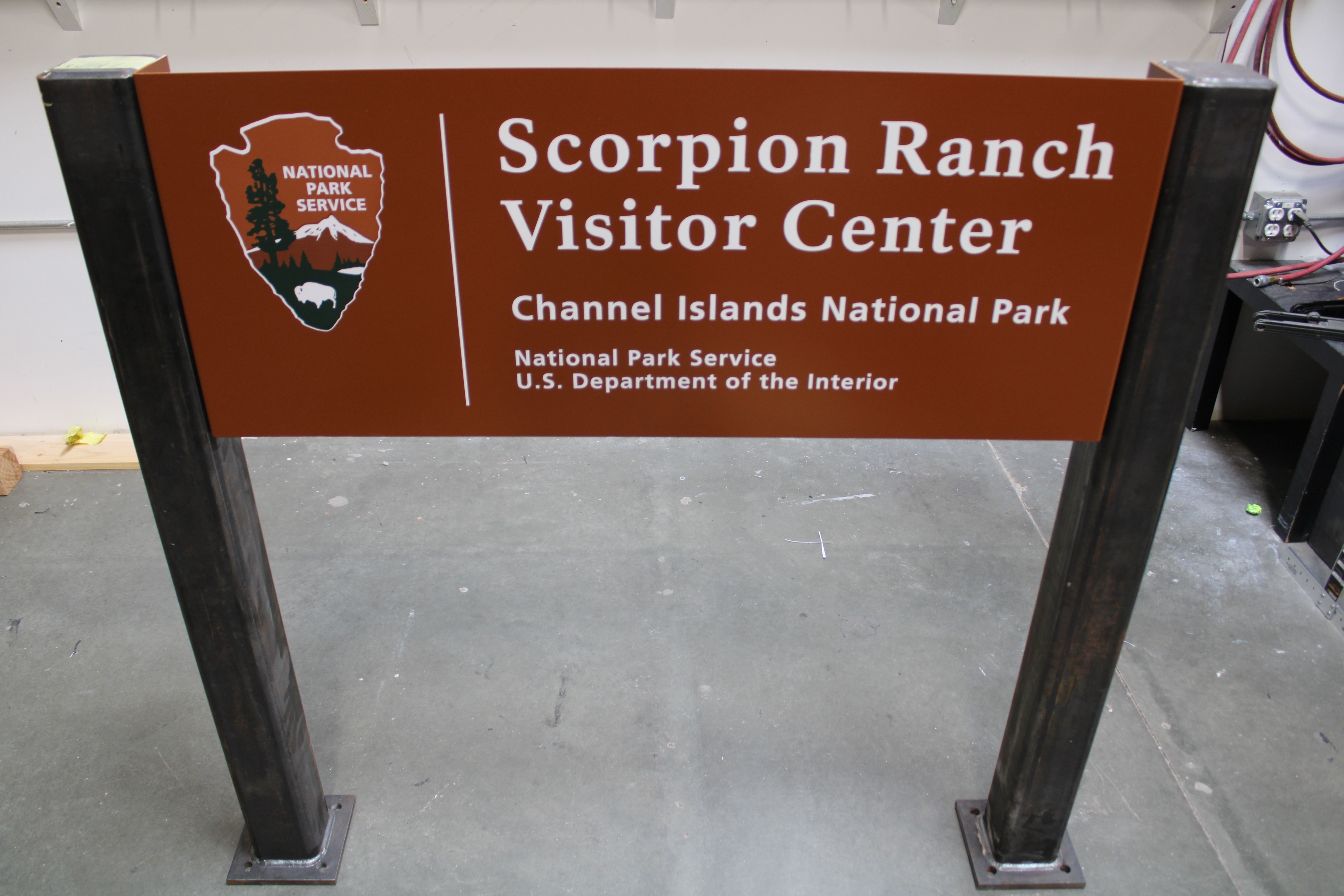 M8030- Large Single-faced Aluminum  Sign  with Corten Steel Posts for  Channel Islands National Park, Scorpion Ranch Visitor Center