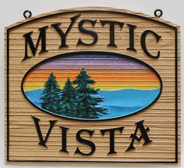 M22050 - Carved and Sandblasred Wood Grain HDU Cabin Sign "Mystic Vista" , with a Sunset Scene of Fir Trees and Distant Mountains
