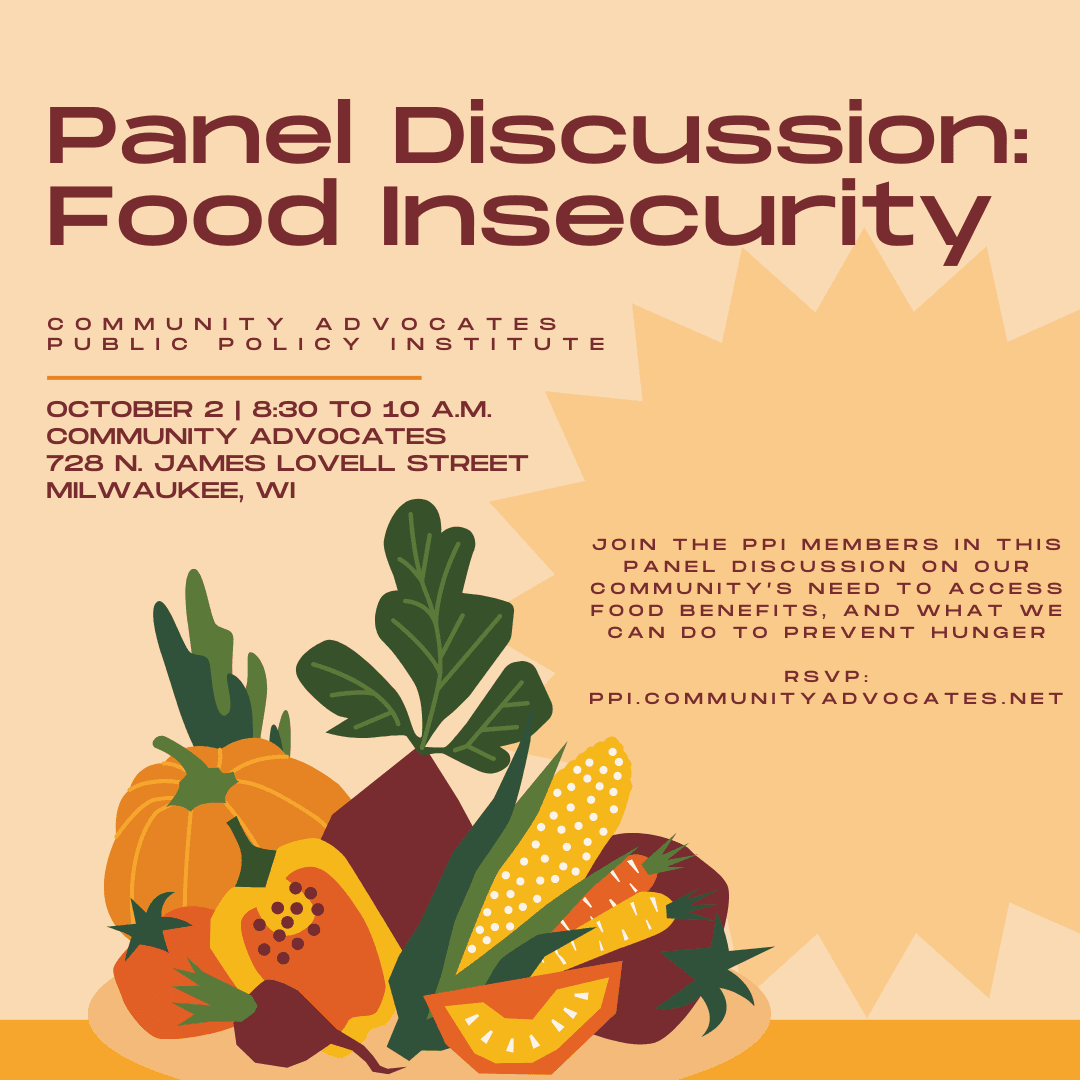 Panel Discussion: Food Insecurity flyer with date, time and location information. Harvest colors and produce. 