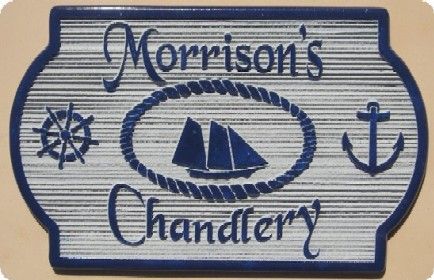 SA28630 - Carved Wood Grain Sign for "Morrison's  Chandlery" with Sailing Ship, Helm and Anchor