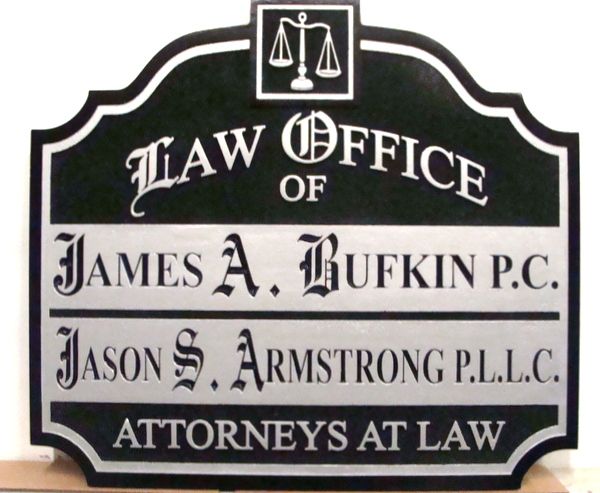 A10133A - Black and Metallic Silver Law Office Wall Sign, Carved and Sandblasted HDU