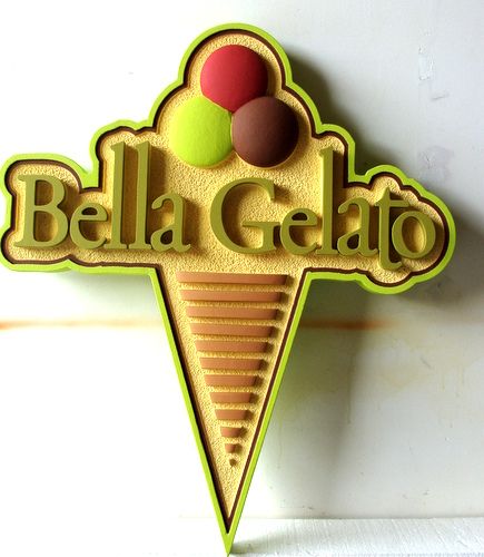 Q25817 - Carved HDU Sign for Ice Cream Shop "Bella Gelato" with Carved Ice Cream Cone