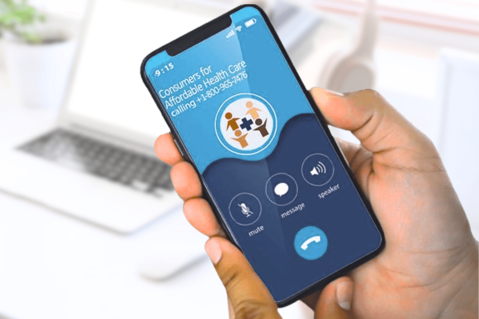 Person's hands holding smartphone with a two-toned blue screen displaying a call being made to Consumers for Affordable Health Care's free HelpLine at 1-800-965-7476
