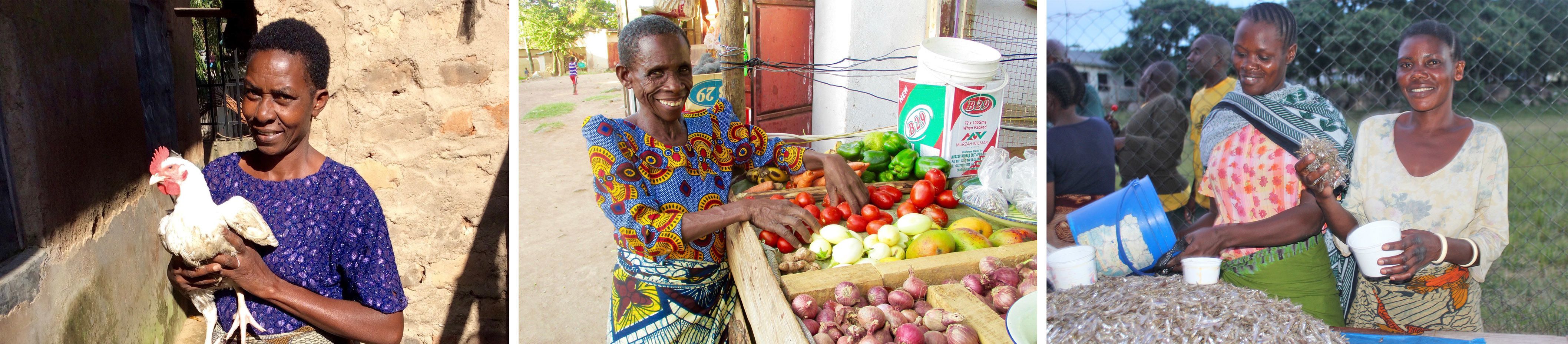 Collage of photos: 1. woman smiling while holding a chicken, 2. woman smiling while sorting vegetables, 3. two woman smiling while putting food into containers.