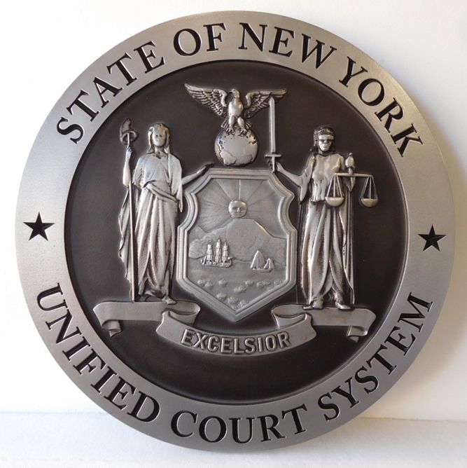 GP-1230- Carved Plaque of the Seal of the  Unified Court System, State of New York, Painted Metallic Silver