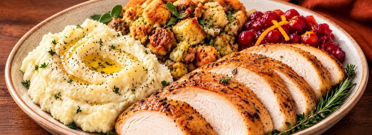 Thanksgiving meal with turkey, stuffing, mashed potatoes and cranberry sauce.