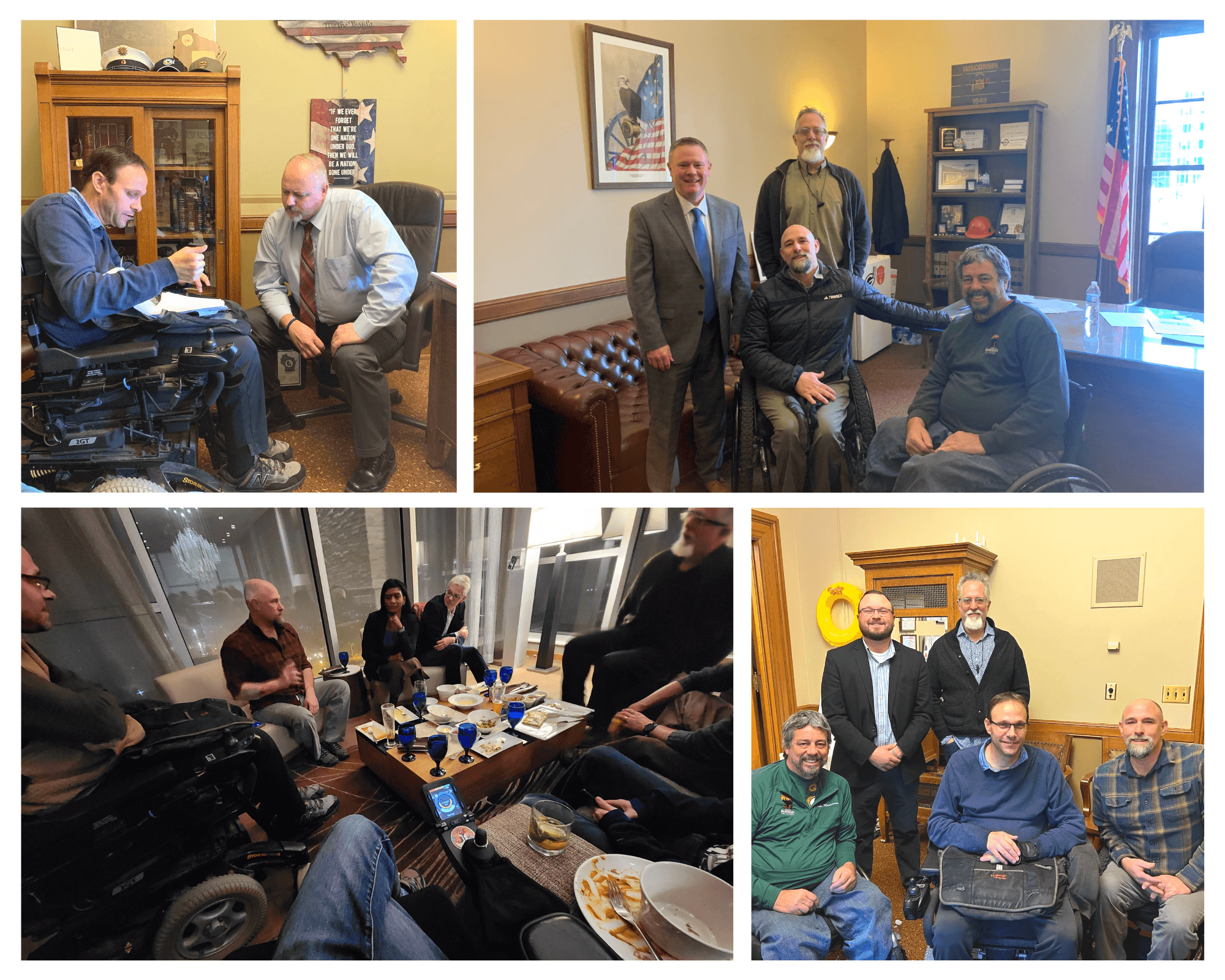 Collage of white men who are able-bodied and in wheelchairs talking with legislators