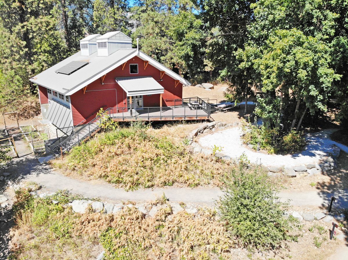 A drone view of the Red Barn showing the trails around the building.