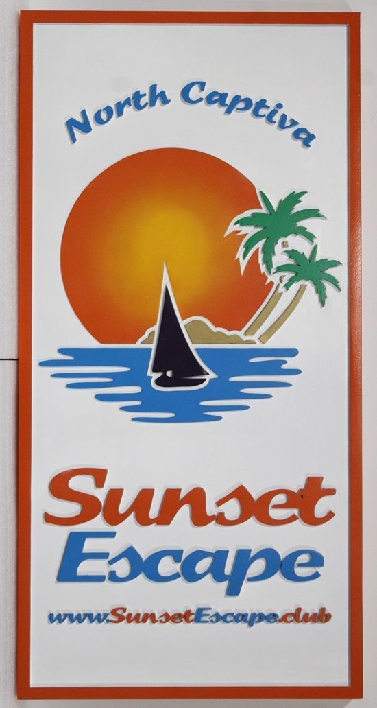 L21259 - Carved 2.5-D Raised Relief HDU  Sign "Sunset Escape",   with Artwork featuring a Sailboat Viewed against a Setting Sun 