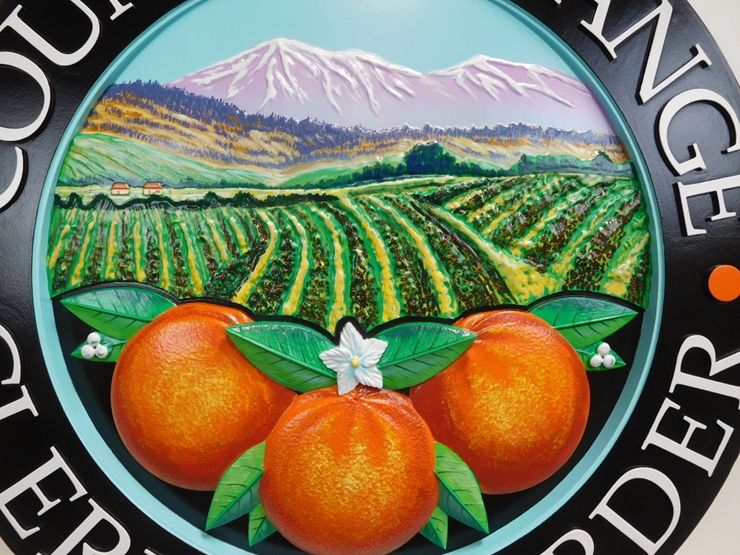 CP-1410 - Carved Plaque of the Seal of Orange County, California, Artist Painted ( Close-Up View of 3-D Artwork)