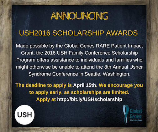 A picture of gold and white words written on a black background announcing the USH2016 Scholarship Awards.