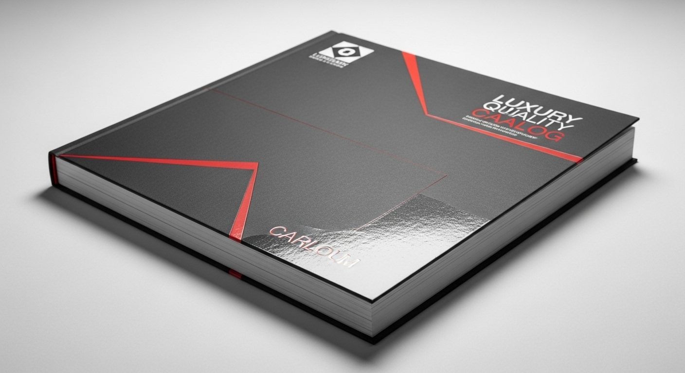 Modern flat-lay of multiple catalogs with red-themed branding for marketing and promotional use in Seattle and Bellevue.