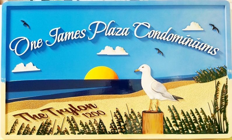 K20218 - Carved 2.,5-D HDU Entrance and Address Sign for the "One James Place Condominiums", with a Beach Scene at Sunset as Artwork 